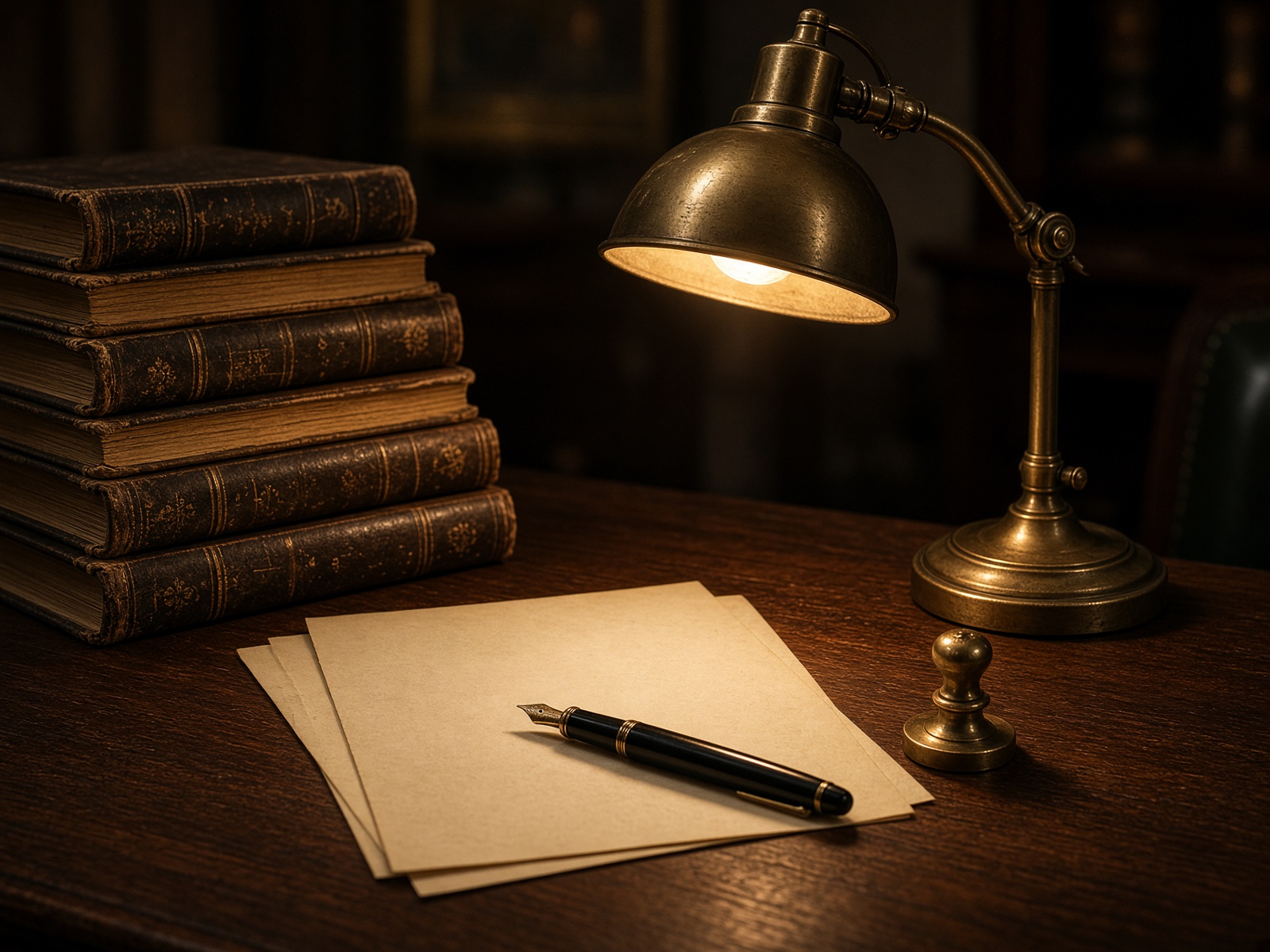 Advocate’s chamber desk with law reports and a brass lamp